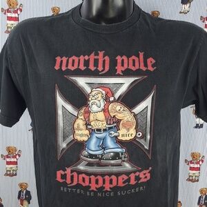 Y2K North Pole Choppers Santa Claus Biker graphic design LG black & red t-shirt